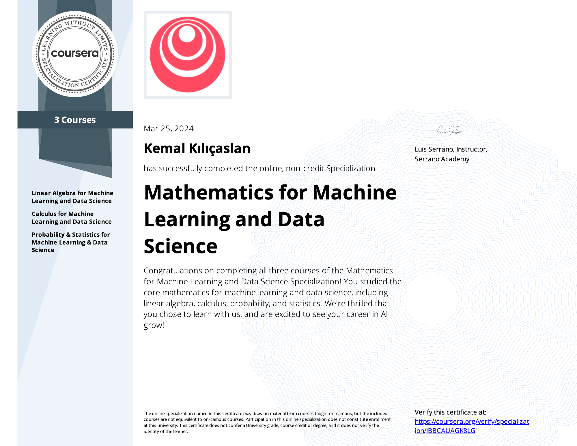 Mathematics for Machine Learning and Data Science Specialization